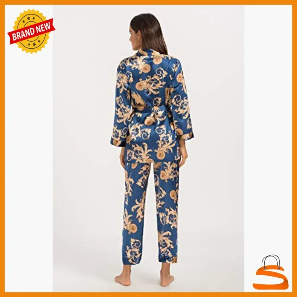 Silk Satin Pajama Set 3 Piece with Robe Long Sleeve Sleepwear Medium